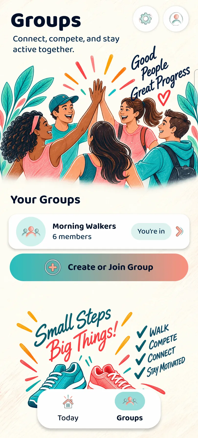 The Get Step Go Groups screen: the Morning Walkers group with 6 members, and a Create or Join Group button.