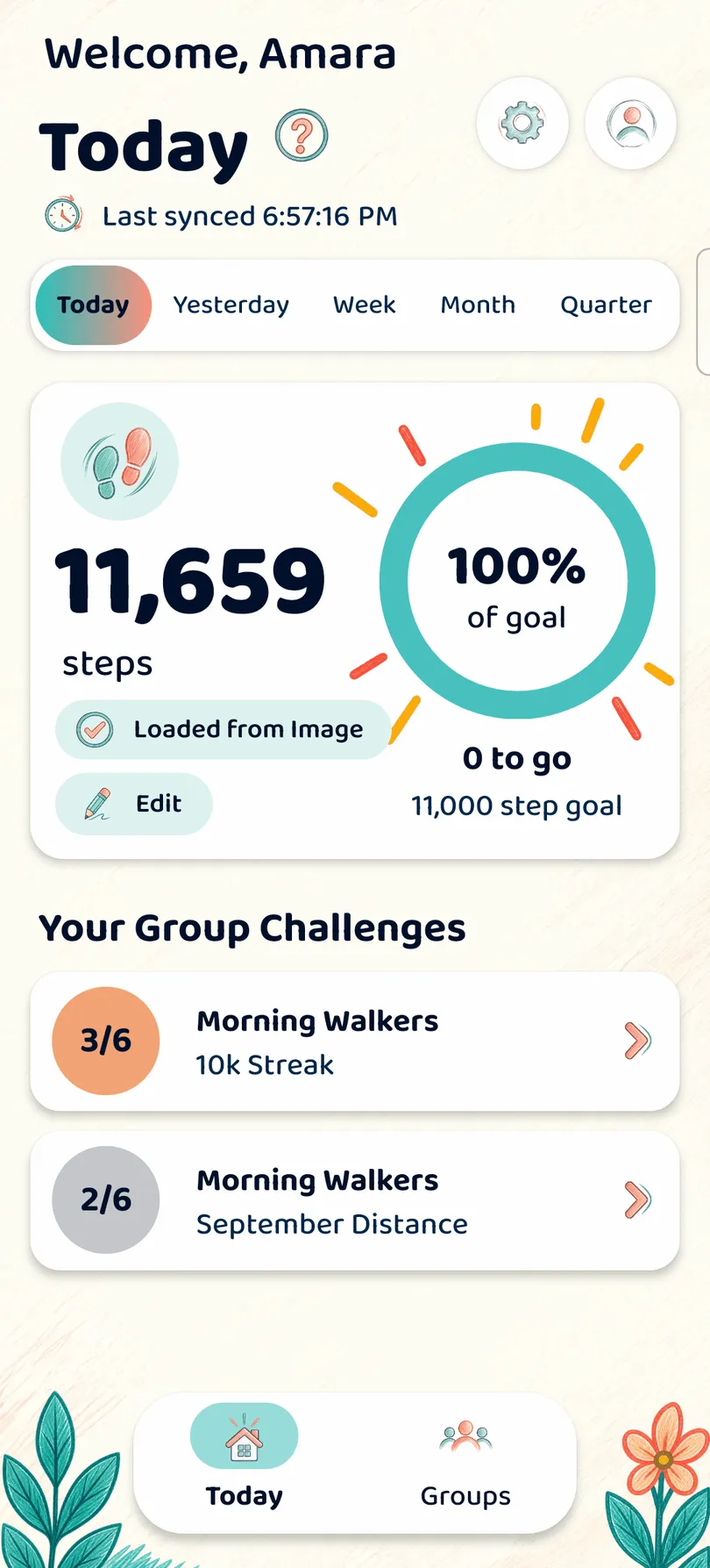 The Get Step Go Today screen showing a day whose step count was read from an uploaded screenshot, marked with a Loaded from Image chip.