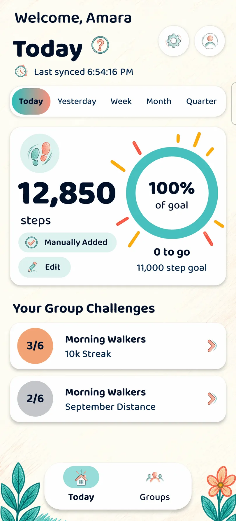 The Get Step Go Today screen: 12,850 steps, 100% of an 11,000 step goal, and two group challenges below.